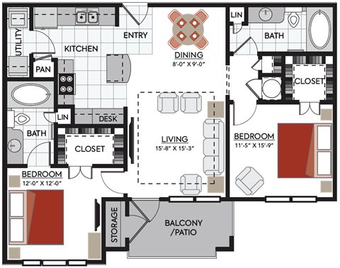 Floor plan for 2 beds, 2 baths, 1072 sqft