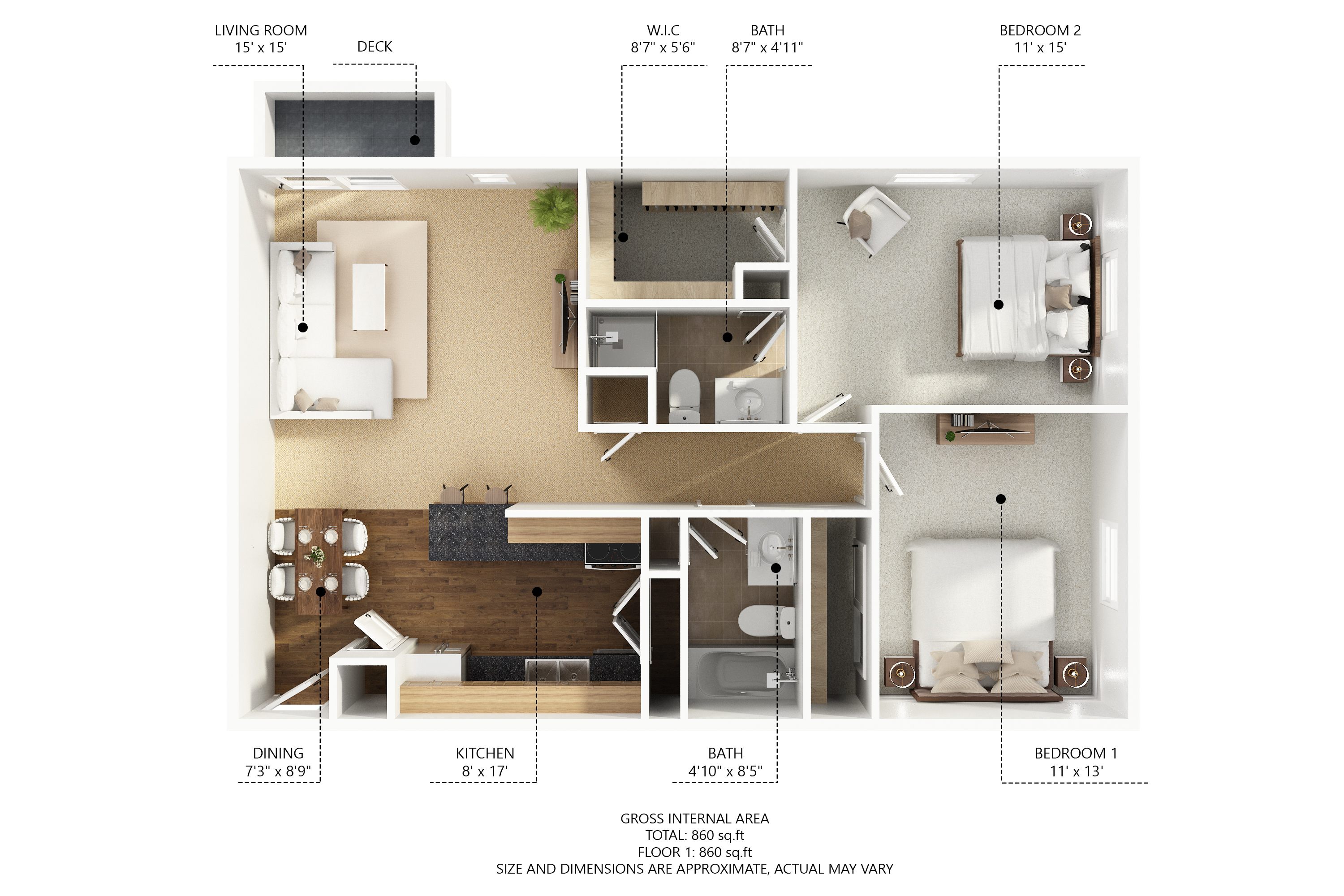Floor plan for 2 beds, 2 baths, 975 sqft