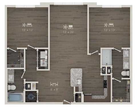 Floor plan for 2 beds, 2 baths, 1219 sqft