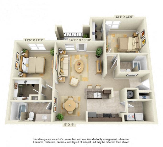 Floor plan for 2 beds, 2 baths, 1130 sqft