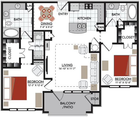 Floor plan for 2 beds, 2 baths, 1200 sqft