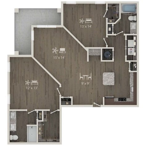 Floor plan for 2 beds, 2 baths, 1325 sqft
