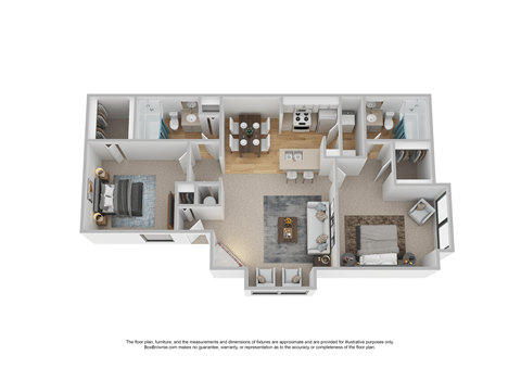 Floor plan for 2 beds, 2 baths, 832 sqft