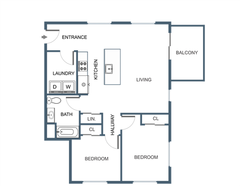 Floor plan for 2 beds, 1 bath, 896 sqft