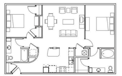 Floor plan for 2 beds, 2 baths, 1054 sqft