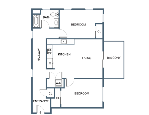 Floor plan for 2 beds, 1 bath, 913 sqft