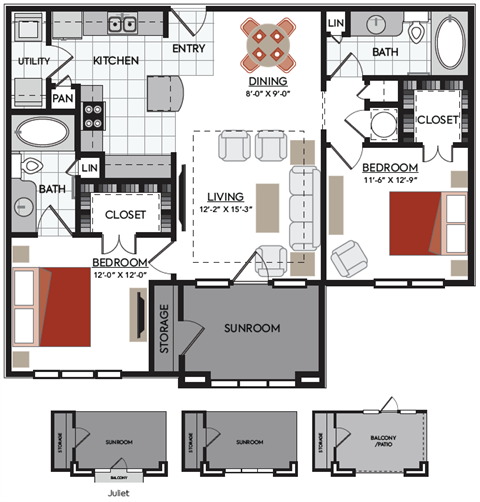 Floor plan for 2 beds, 2 baths, 1202 sqft
