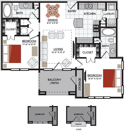 Floor plan for 2 beds, 2 baths, 1261 sqft