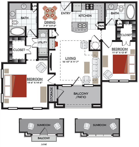 Floor plan for 2 beds, 2 baths, 1378 sqft