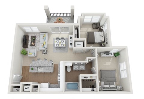 Floor plan for 2 beds, 1 bath, 1037 sqft