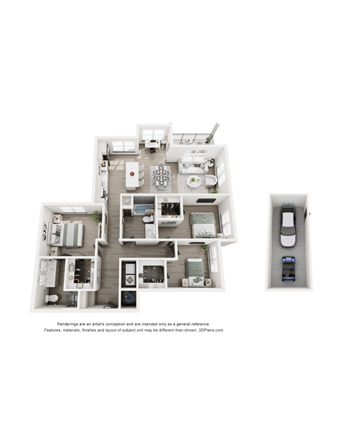 Floor plan for 3 beds, 2 baths, 1383 sqft