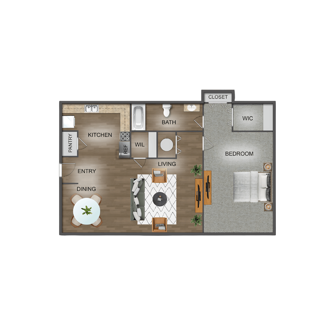 Floor plan for 1 bed, 1 bath, 950 sqft