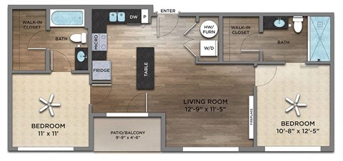 Floor plan for 2 beds, 2 baths, 903 sqft