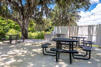 Our patio has tables and chairs and a grill