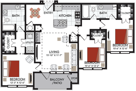 Floor plan for 3 beds, 2 baths, 1398 sqft