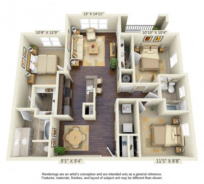 Floor plan for 3 beds, 2 baths, 1292 sqft