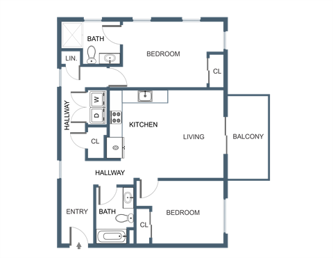 Floor plan for 2 beds, 2 baths, 903 sqft
