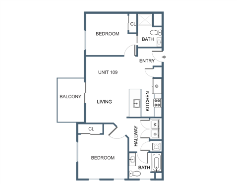 Floor plan for 2 beds, 2 baths, 923 sqft