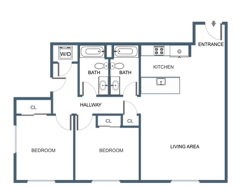 Floor plan for 2 beds, 2 baths, 973 sqft
