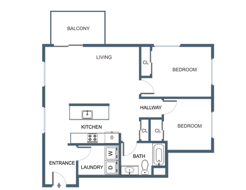 Floor plan for 2 beds, 1 bath, 901 sqft