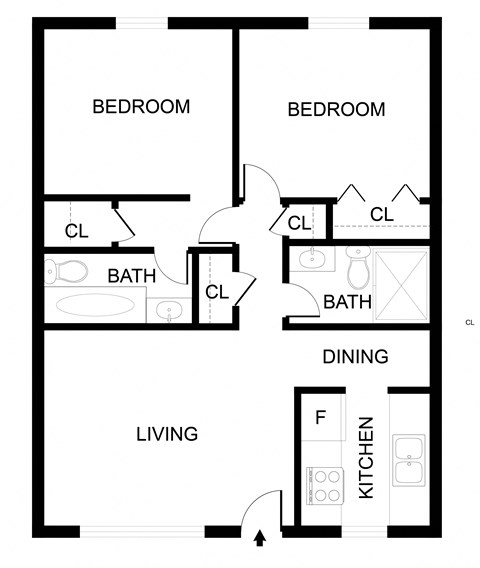 Floor plan for 2 beds, 2 baths, 995 sqft
