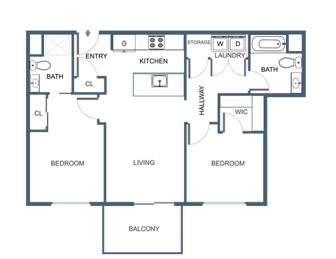 Floor plan for 2 beds, 2 baths, 845 sqft