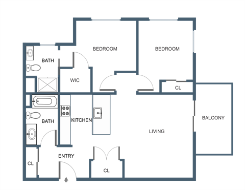 Floor plan for 2 beds, 2 baths, 861 sqft