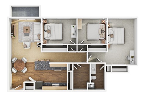 Floor plan for 3 beds, 2 baths, 1075 sqft