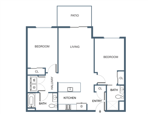 Floor plan for 2 beds, 2 baths, 871 sqft