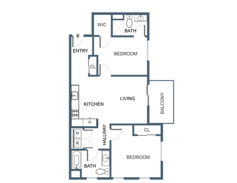Floor plan for 2 beds, 2 baths, 905 sqft