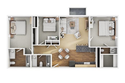 Floor plan for 3 beds, 2.5 baths, 1100 sqft