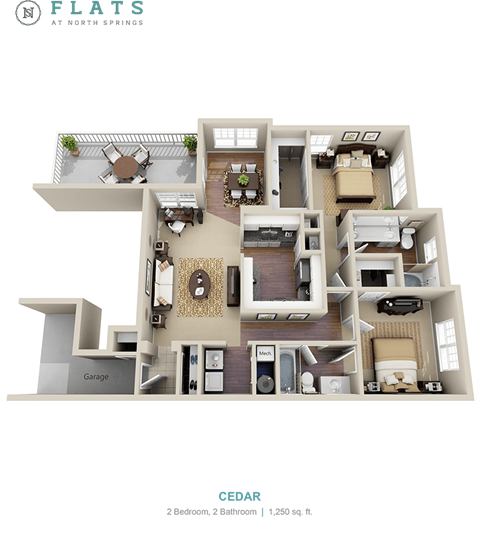 Floor plan for 2 beds, 2 baths, 1250 sqft