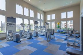 Portland apartment for rent - a gym with cardio equipment and windows in a building at Century Palm Bluff, Portland, TX