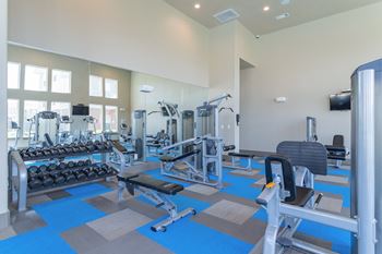 A gym with cardio equipment and weights in a building with windows
