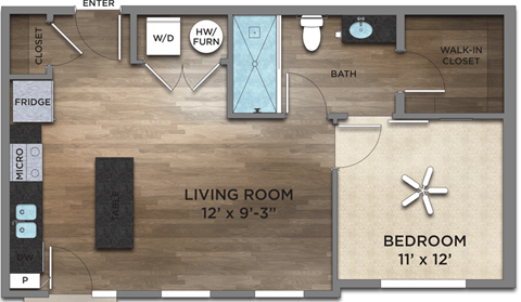 Floor plan for 1 bed, 1 bath, 641 sqft
