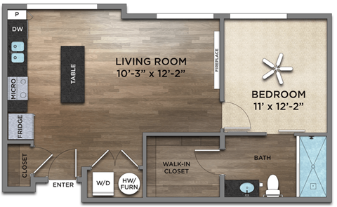 Floor plan for 1 bed, 1 bath, 699 sqft