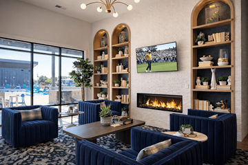 Mooresville apartment for rent - A living room with a fireplace and a television playing a football game.