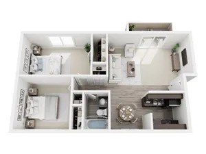 Floor plan for 2 beds, 1 bath, 842 sqft