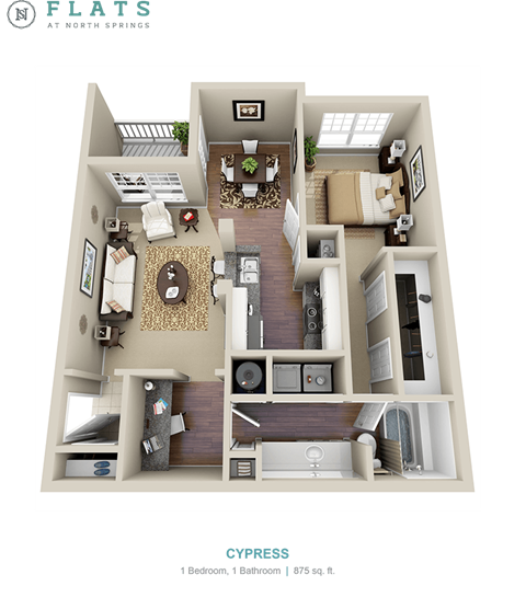 Floor plan for 1 bed, 1 bath, 875 sqft