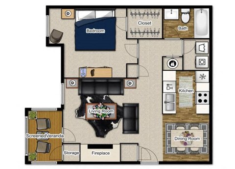 Floor plan for 1 bed, 1 bath, 810 sqft