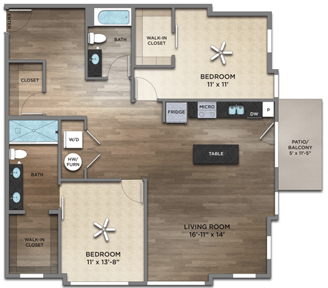 Floor plan for 2 beds, 2 baths, 1303 sqft