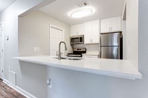 Stockbridge apartment for rent - a kitchen with a counter top and a refrigerator at Magnolia Place at Stockbridge Apartments, Stockbridge, Georgia