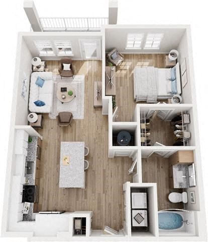 Floor plan for 1 bed, 1 bath, 750 sqft