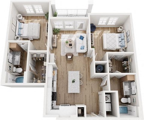 Floor plan for 2 beds, 2 baths, 1121 sqft