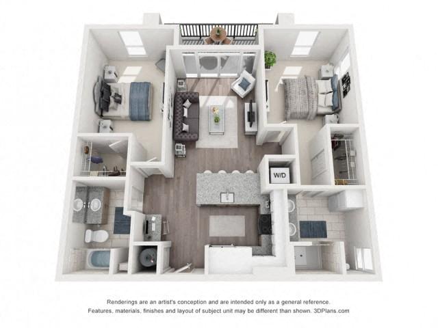 Floor plan for 2 beds, 2 baths, 968 sqft