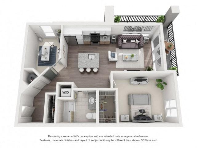 Floor plan for 1 bed, 1 bath, 766 sqft