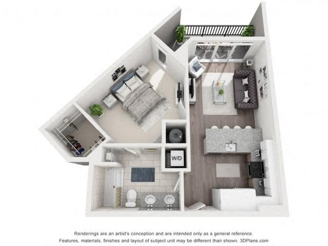 Floor plan for 1 bed, 1 bath, 651 sqft
