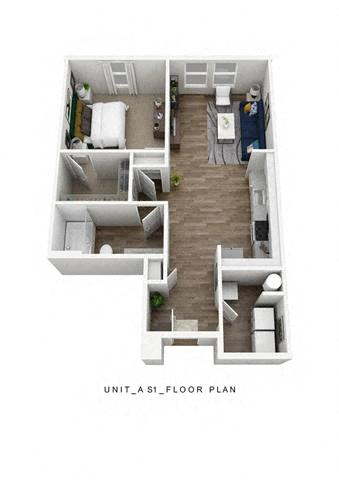 Floor plan for 1 bed, 1 bath, 707 sqft
