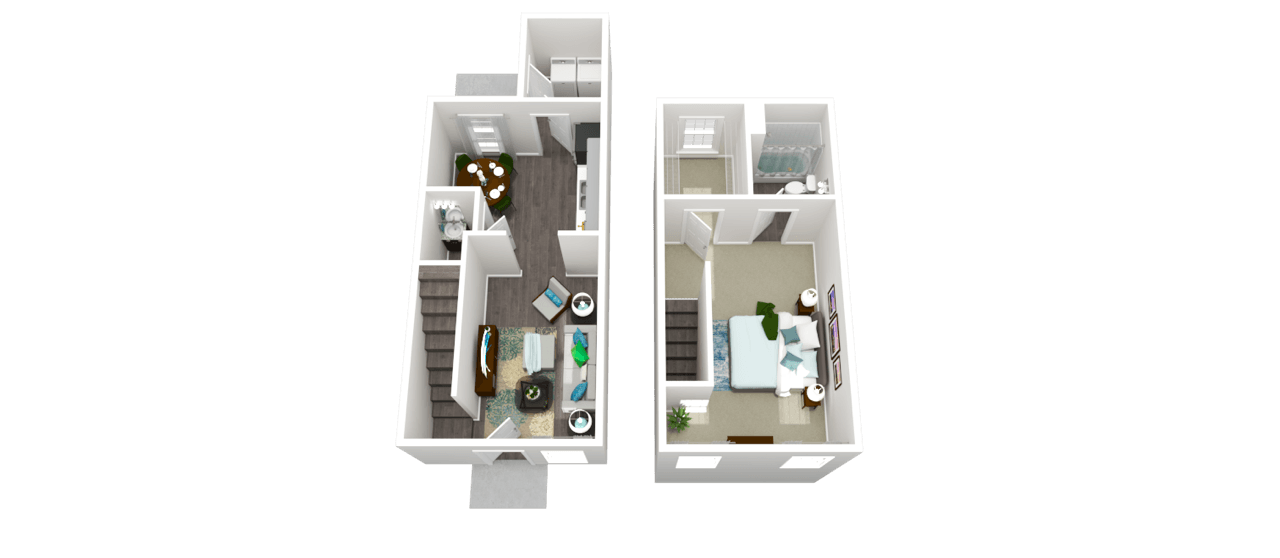 Floor plan for 1 bed, 1.5 baths, 980 sqft