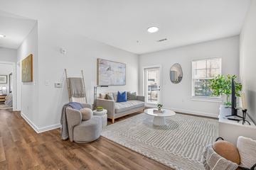 Murfreesboro apartment for rent - A living room with a grey sofa and a grey rug.